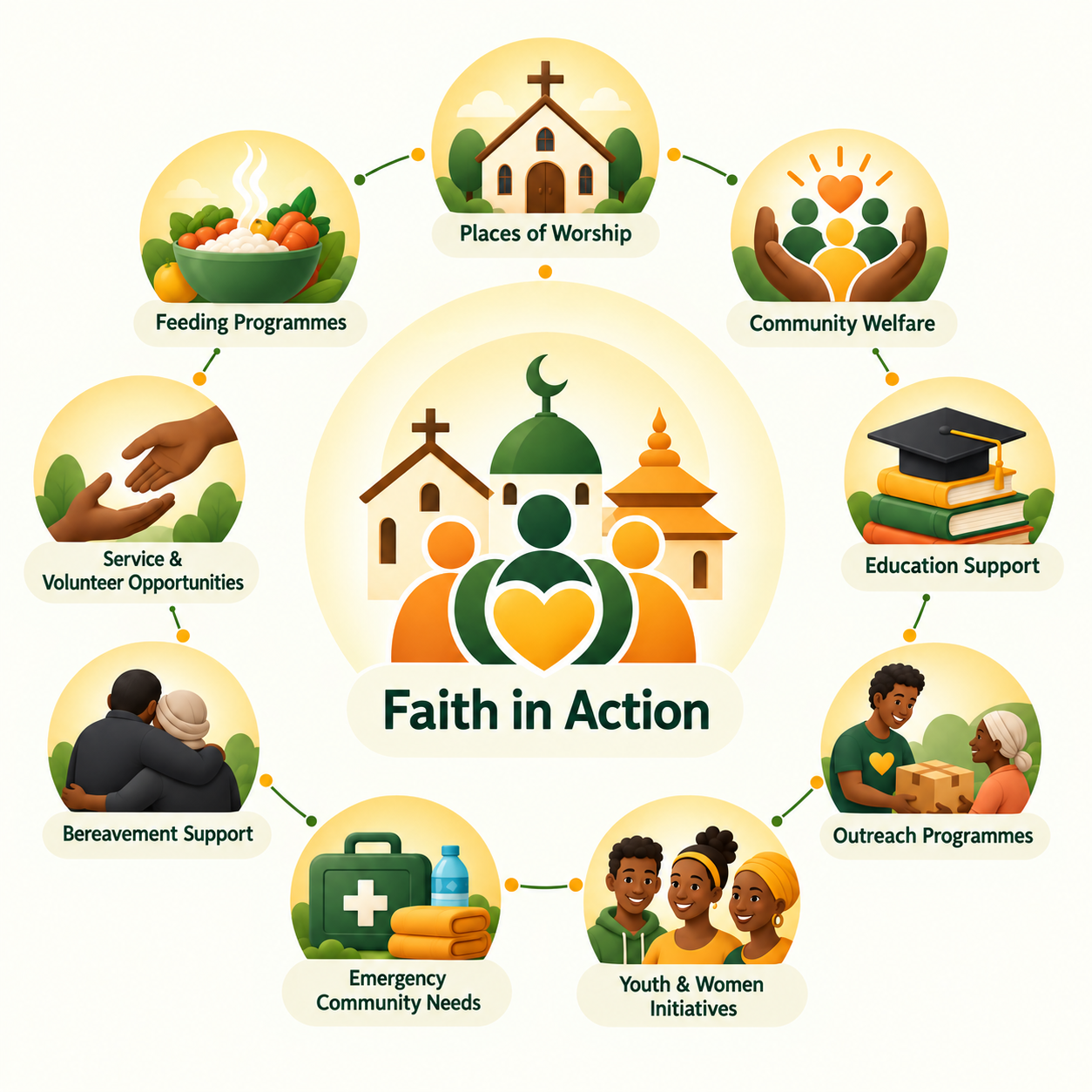 Illustration showing different ways faith communities come together around shared needs and causes.
