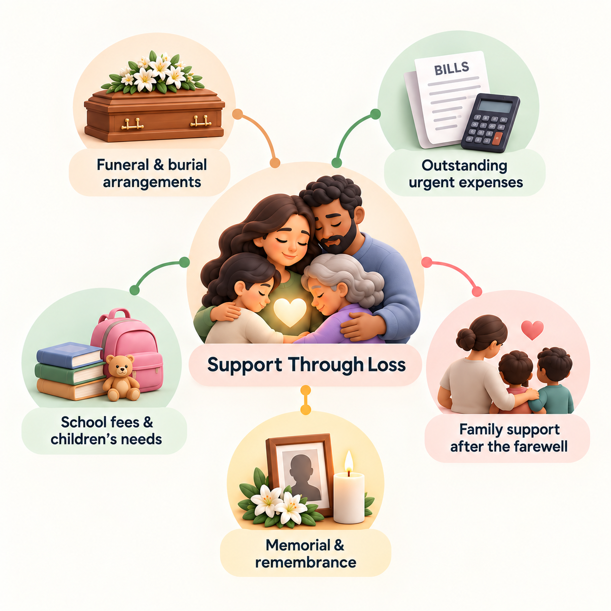Illustration showing different ways communities support families during and after a funeral.